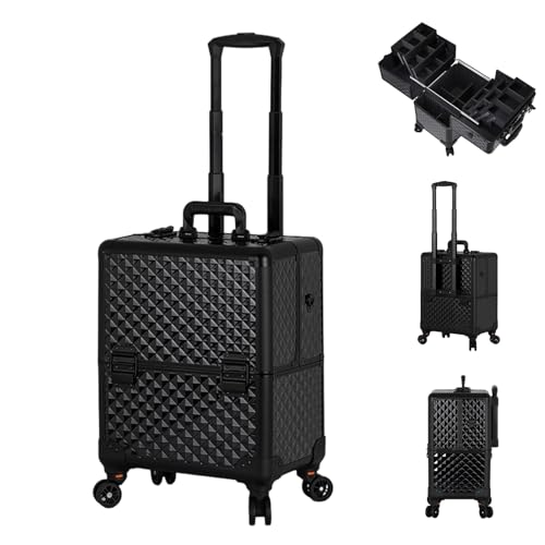 Make-up-Koffer aus Aluminium, rollender Make-up-Koffer, multifunktionaler Kosmetikkoffer, großer Trolley-Aufbewahrungskoffer, rollender Kosmetik-Organizer (Black)