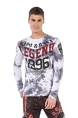 Cipo & Baxx Herren Langarmshirt Longsleeve Batikwaschung Frontprint Sweater CL486 Weiß M