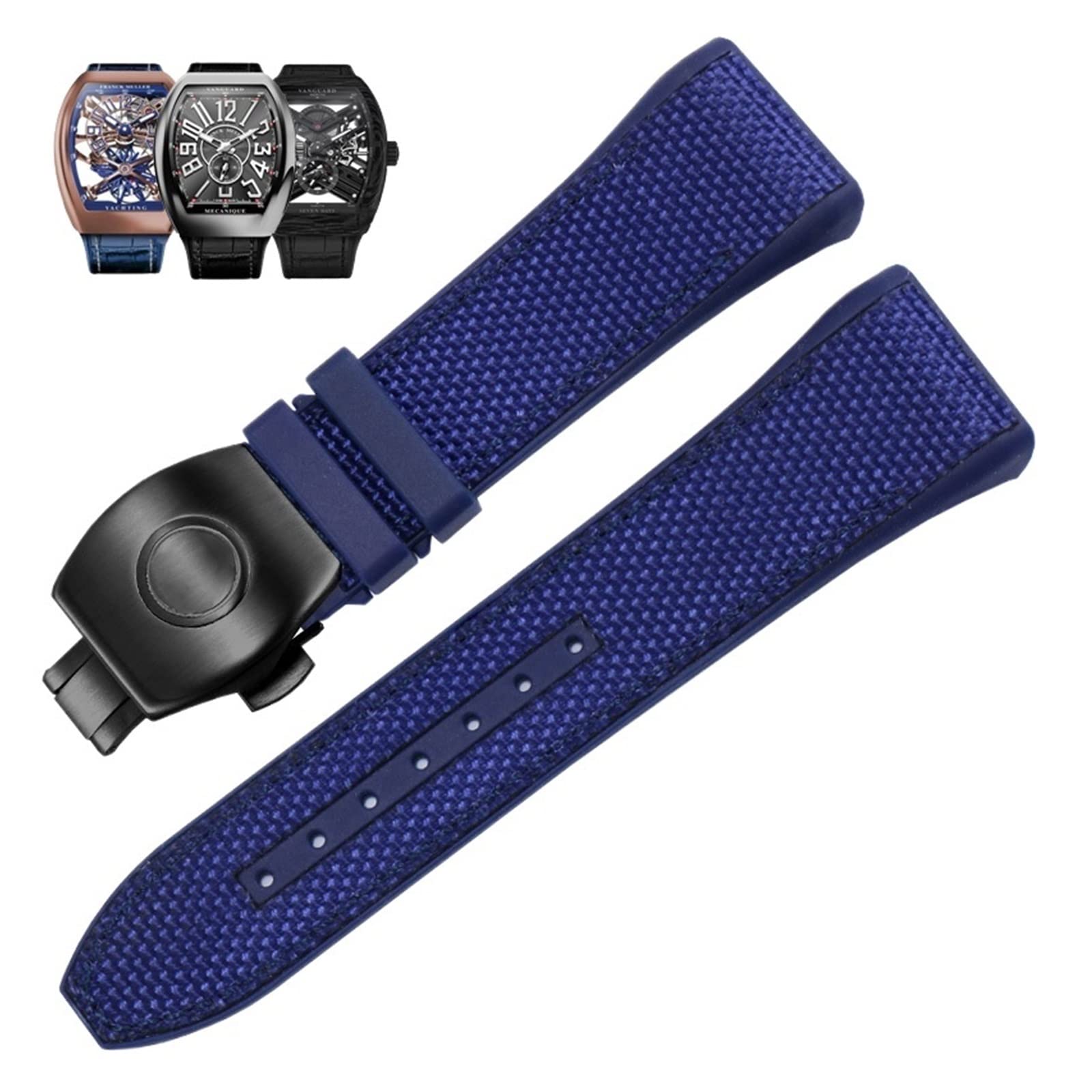 YIHANSS 28 mm Nylon-Uhrenarmband aus echtem Leder und Silikon, schwarz/blau, mit Faltschließe, für Uhrenarmbänder der Franck Muller V45-Serie