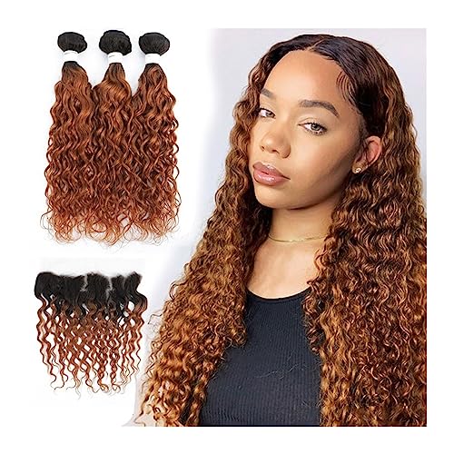 Human Hair Bundles Wasser Welle Bundles Mit Frontal 13x4 Ombre Blonde Farbige Haar 3 Bundles Mit Verschluss Brasilianische Remy Menschliches Haar extensions human hair weave(Color:T1B-30,Size:18 18 18