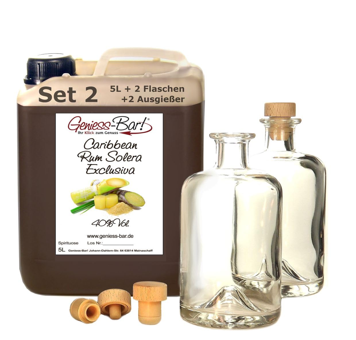 Rum Spirit Solera Exclusiva 5L + 2 Flaschen & 2 Ausgießer Explosion karibischer Aromen & sehr weich 40% Vol