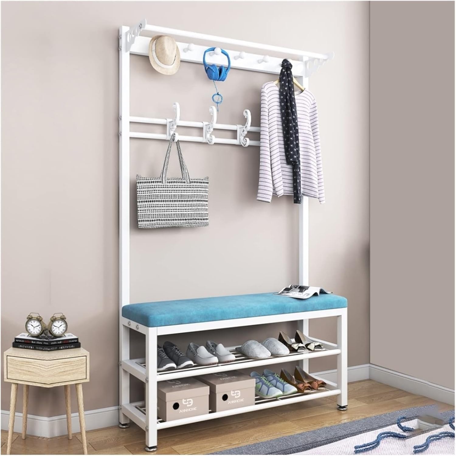 Stand-Industriegarderobe, freistehender Flurbaum mit Schuhbankhaken und rutschfestem Fußpolster für Schlafzimmer, Flur, Wohnzimmer, maximale Tragfähigkeit 150 kg, weiß, 60 x 33 x 170 cm