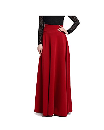 Damen Einfarbig Maxirock Hohe Taille Langer Gefalteten Falten Rock Plisseerock Maxi Lange Swing Mode Normallack Röcke (5XL, Rot)