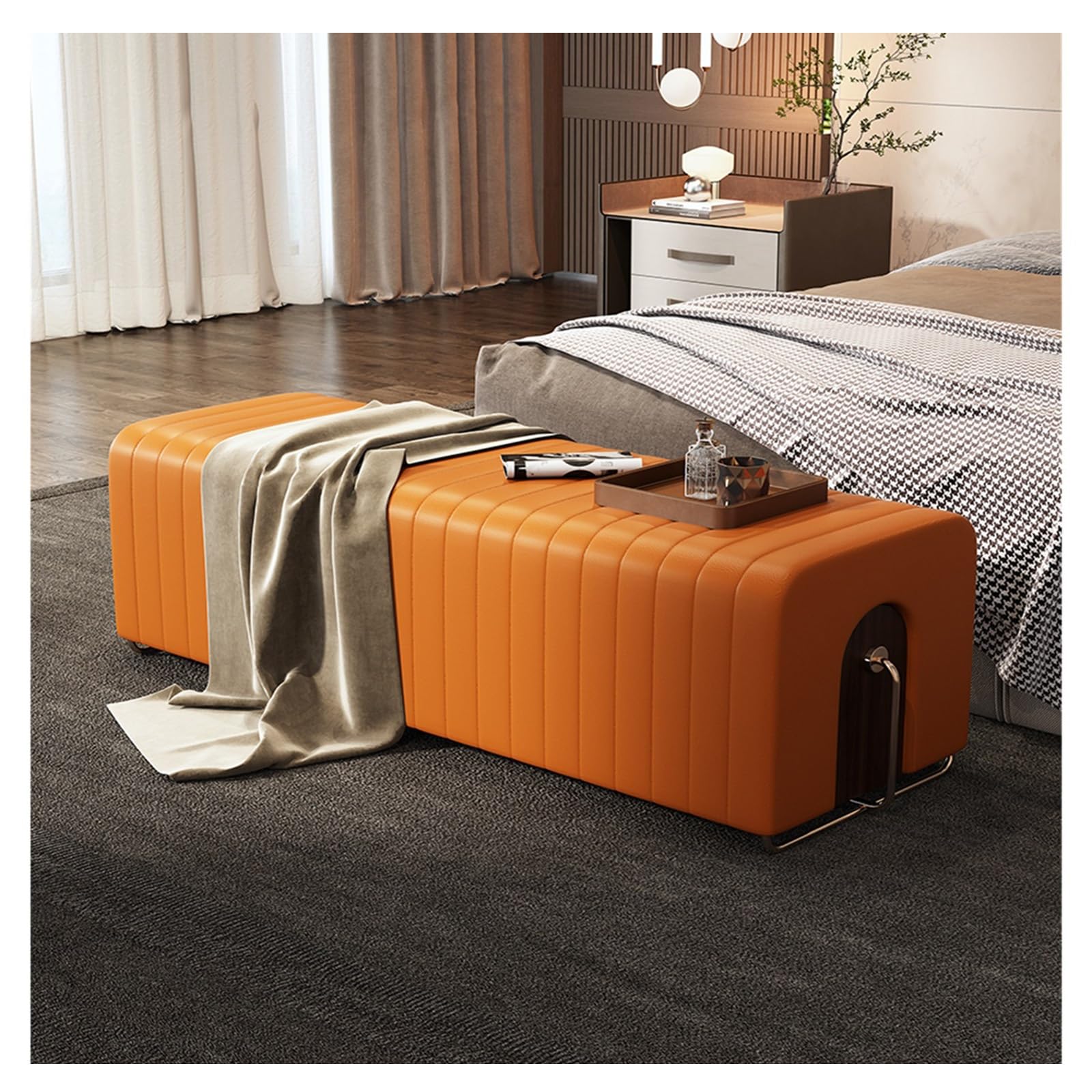 Sitzbank für Schlafzimmer Gepolsterte Ottomane aus Pu-Leder, moderne getuftete lange Bank, Eingangsbank aus Kunstpelz mit Metallbeinen, Bank am Ende des Bettes for das Wohnzimmer Bettbank(Orange)