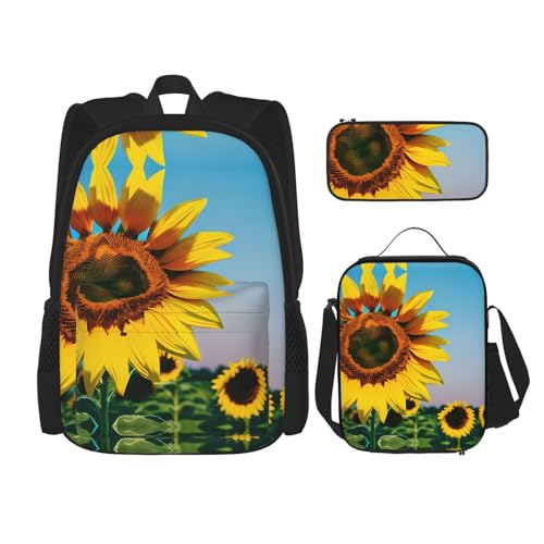 WURTON Lunchbox mit Sonnenblumen-Motiv, Federmäppchen, Rucksack-Set, 3-teilig, verstellbare Riemen, langlebig, leicht, Schwarz, One Size