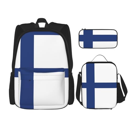 WURTON Rucksack-Set mit finnischer Flagge, verstellbare Schultergurte, Rucksack, Lunch-Tasche, Federmäppchen, Kombinationstaschen-Set