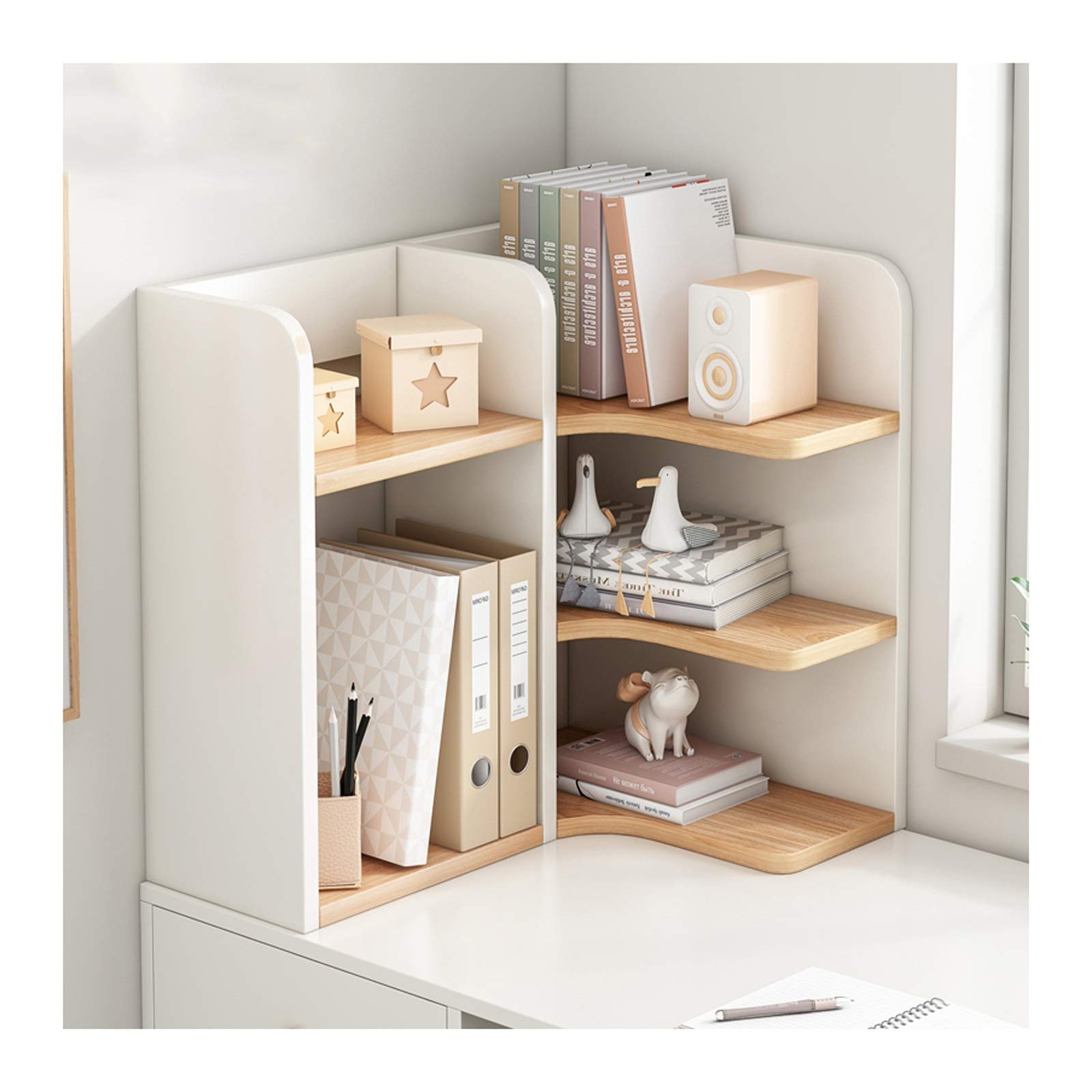 Bücherregal 3-stufiges Schreibtisch-Bücherregal aus Holz, Schreibtisch-Organizer, freistehendes Bücherregal für die Arbeitsplatte, Eckregal für Büro und Küche, Weiß + Farbe für Wohnzimmer, Heimbüro