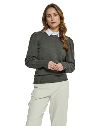 Peppercorn Anissa Pullover Damen (Größe M) | Weicher Damenpullover Langarm und Puffärmel | Hochwertiger Pullover Grün Damen | Langer Pullover mit Rundhalsausschnitt