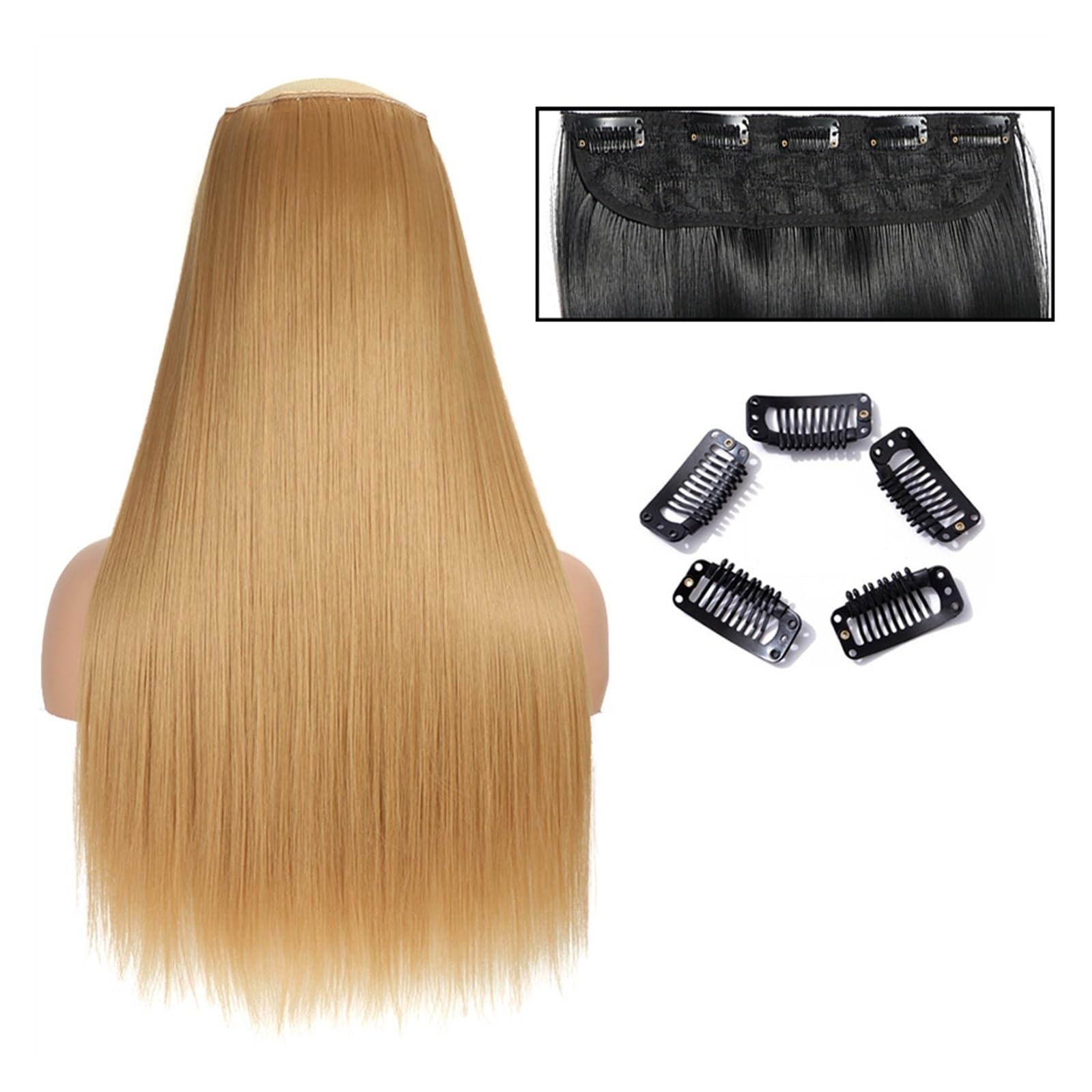 Clip-in-Haarverlängerungen Glatte Haarverlängerungen, 61 cm lang, glatt, einteilig, 5 Clips, Clip-in-Haarverlängerungen, synthetische Haarteile for Damen Clip-in-Haarverlängerungen aus Echthaar(SG66 2