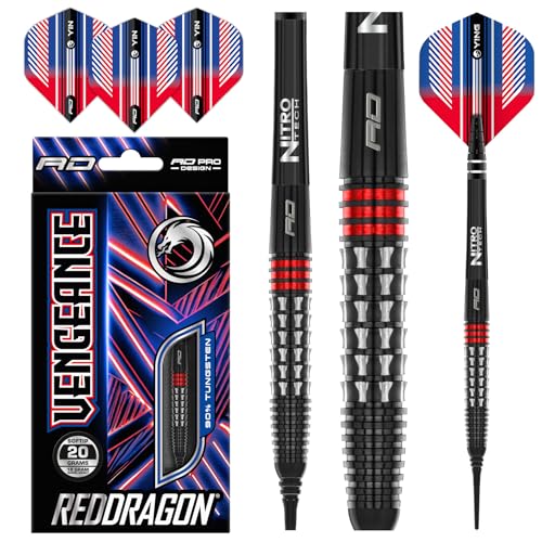 RED DRAGON Vengeance Red 20 Gramm Premium Wolfram Softip Dart Set mit Flights und Schäften