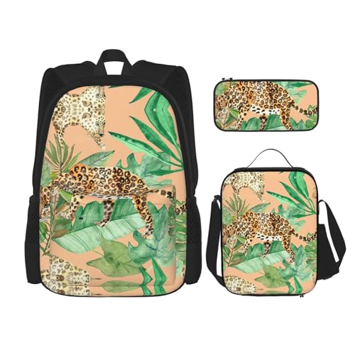 WURTON Schulrucksack-Set mit Leoparden- und Palmenblätter-Aufdruck, 3-in-1-Büchertasche-Set mit Lunchbox, Federmäppchen, Reise, Laptop, Tagesrucksack