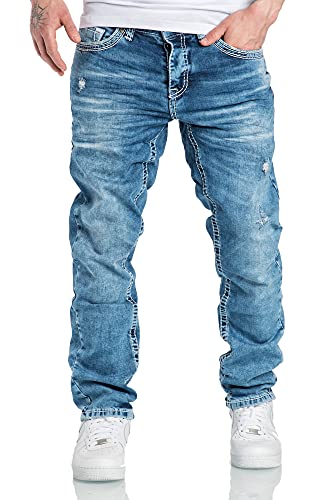 Amaci&Sons Herren Dicke Nähte Destroyed Regular Slim Jeans Denim Hose Fit 7983WD Hellblau W32/L32