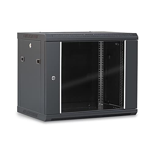 WAYTEX 37402 Netzwerkschrank 19 Zoll 9U – L 600 x T 450 x H 502 mm – Wandmontage oder freistehend im Lieferumfang enthalten – Glastür mit Schloss – Farbe Schwarz