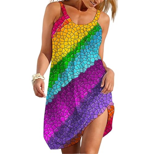 Strandrock Regenbogenmalerei Druckkleid Midi Summer Beach Kleider Ärmellose Eleganter Sonnenbrenner-AQA01L0051DZY37-L