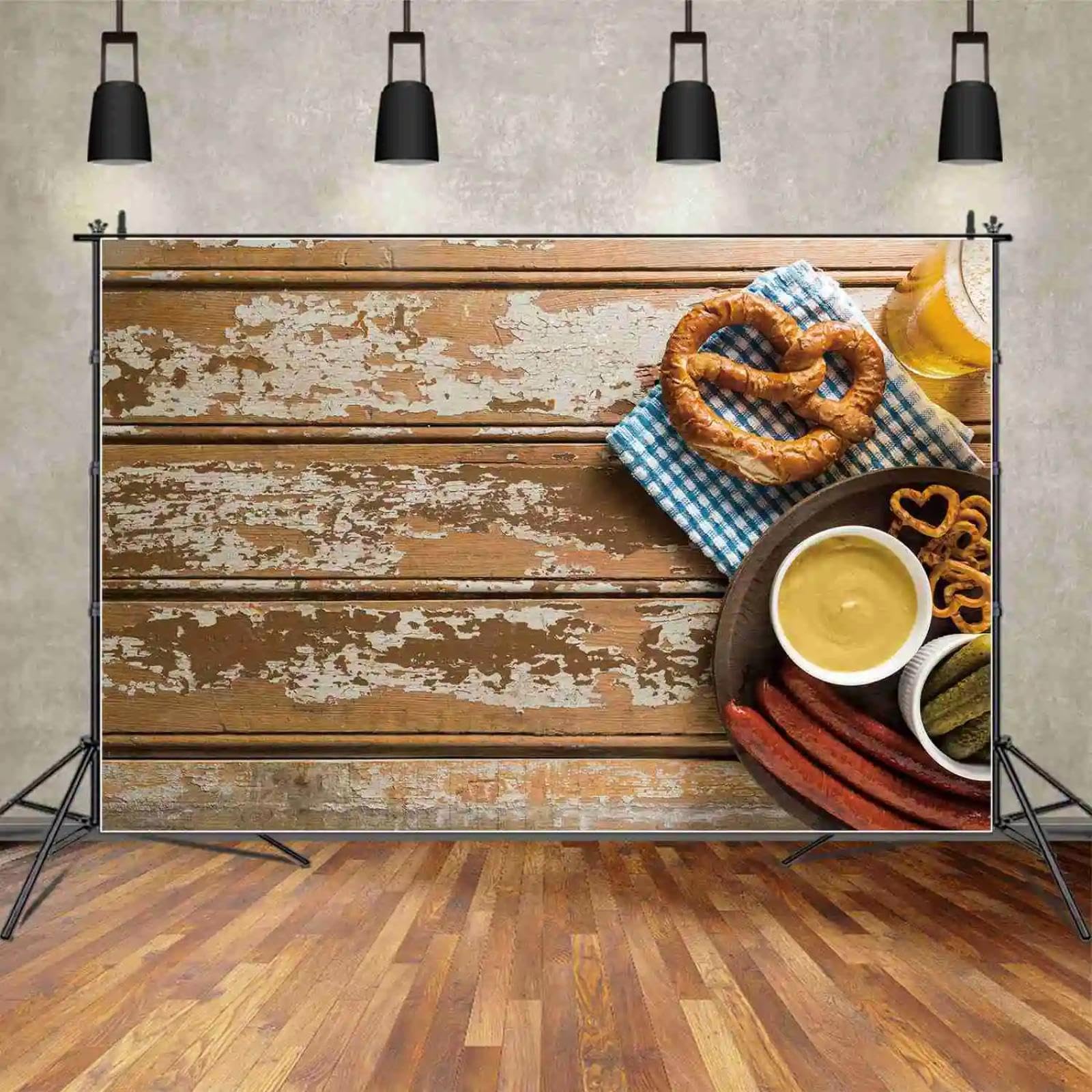 Kulisse Oktoberfest Bierfest Holz Brett Dekor Fotohintergrund Glas Bagel Wurst Karo Tuch Party Dekorationen 350x230cm