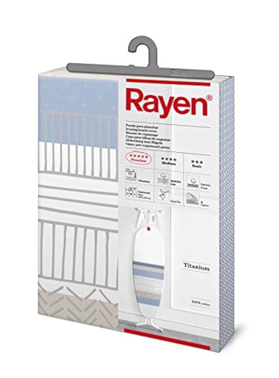 Rayen | Universelle Bügelbrettabdeckung | EasyClip-Einstellung des Bügelbezugs | 4 Schichten: Schaumstoff, Fleece, 100% Baumwollstoff, Titanqualität | Premium-Sortiment | Maße:130x47 cm | Einstampfend