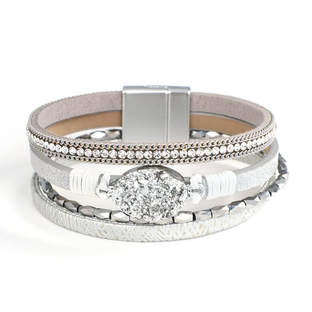 YIHANSS Lederarmbänder Verschluss Damen Boho Mehrschichtiger Manschettenarmreif Kristallperlenarmband