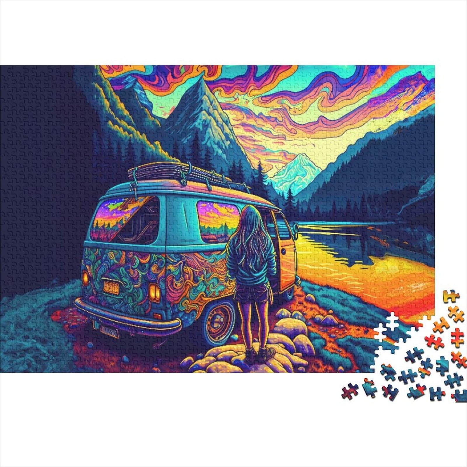 Schwierige, anspruchsvolle Puzzles, 500-teiliges psychedelisches Roadtrip-Holzpuzzle für Erwachsene und Teenager, interessante Puzzles zur Stressreduzierung (Größe 52x38cm)