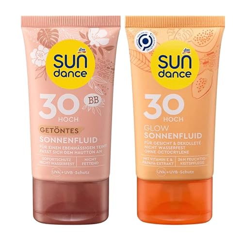 SUNDANCE Sonnenschutz 2er-Set: Sonnenfluid GETÖNT LSF 30 passt sich dem Hautton an für ebenmäßigen Teint (50 ml) + Sonnenfluid GLOW Feuchtigkeitspflege mit Papaya-Extrakt, LSF 30 (50 ml), 100 ml