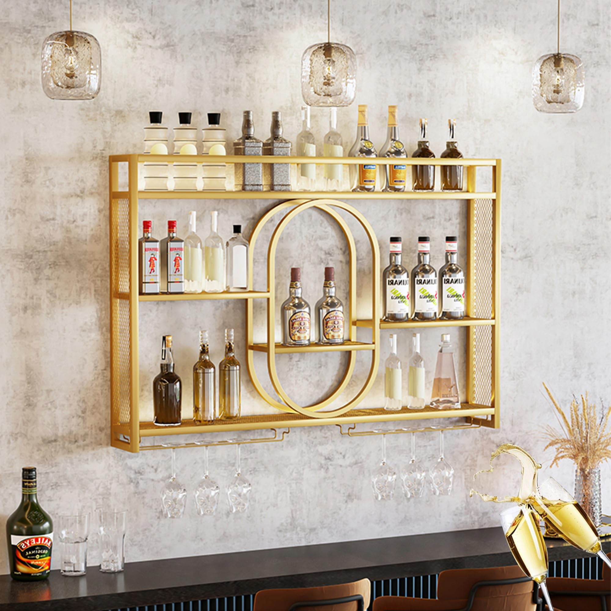 HSJFS Weinregal Bar Regale Wand Montiert Mit Weinglas Halter Rack Und Led Light Liquor Flasche Display Regal Whiskey Regal Küche Wandschrank Für Home Bar Cküche Esszimmer Dekoration/D/39.37"