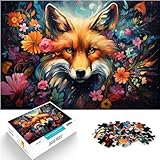 Puzzle, farbenfrohes psychedelisches Kunst-Blumenfuchs-Puzzle, 1000 Teile, Holzpuzzle, Lernspiel, Herausforderungsspielzeug (50 x 75 cm)