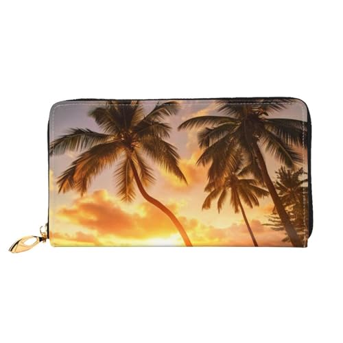 DENMER Gelbe Blumen Schmetterlinge Leder Geldbörse Kunstleder mit metallischem Reißverschluss geräumiges und stilvolles Accessoire für moderne Frauen Produkt, Sonnenuntergang Hawaii Palme,