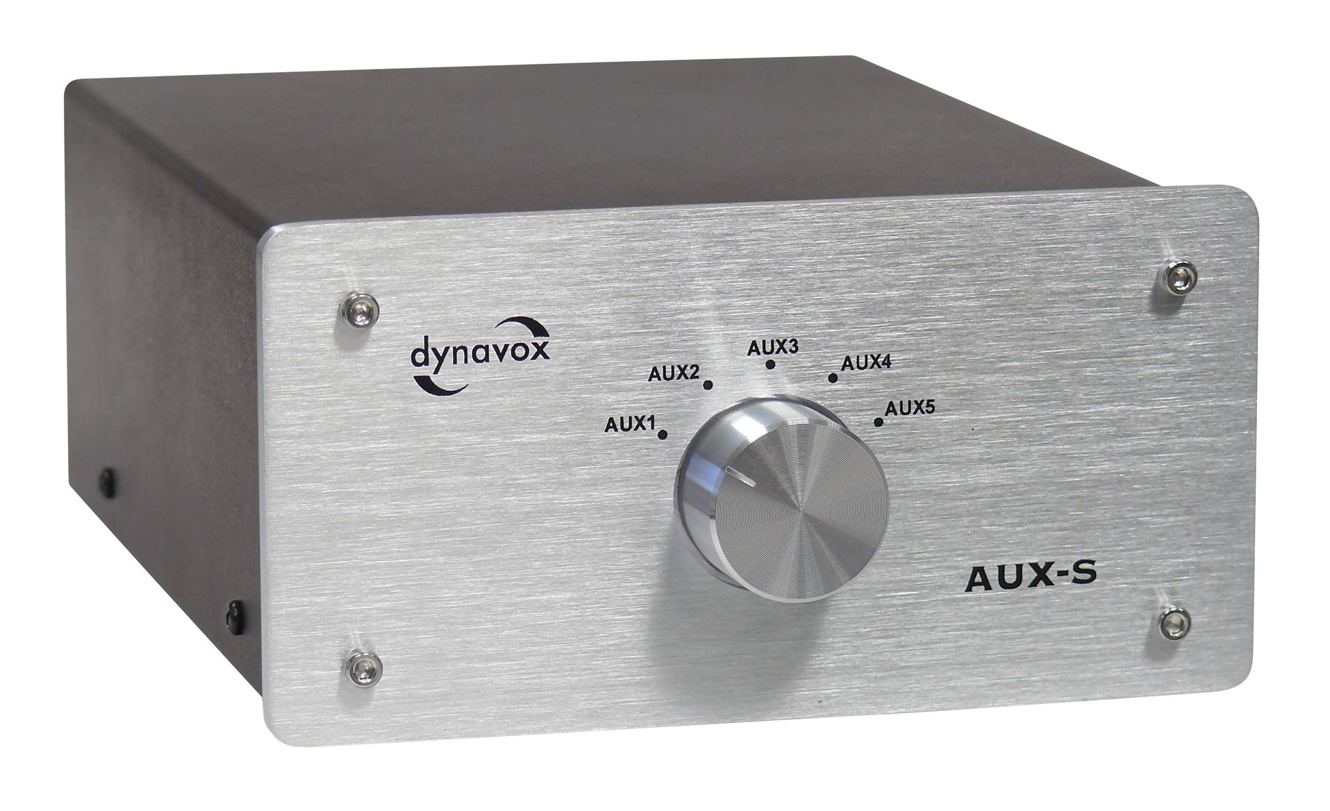 Dynavox AUX-S, Eingangs-Erweiterungs-Umschalter in Metallgehäuse mit 5 Cinch-Eingängen, für Stereo- und Surround-Verstärker, Silber