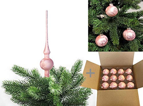 JACK by Thüringer Glas Eislack Christbaumspitze 28cm + 12x Christbaumkugeln 6cm Spitze Weihnachtskugel Set, Farbe:Rosé