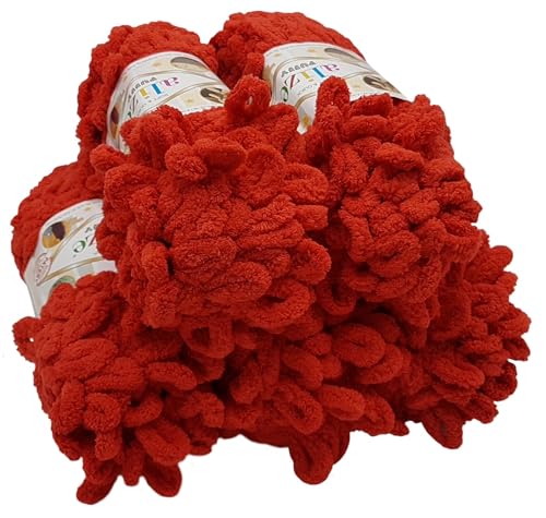 500 GrammAlize Puffy Strickgarn, 5 x 100 Gramm Fingerstrick - Wolle super bulky, Schlaufenwolle, Strickwolle, Stricken ohne Nadel (rot 56)