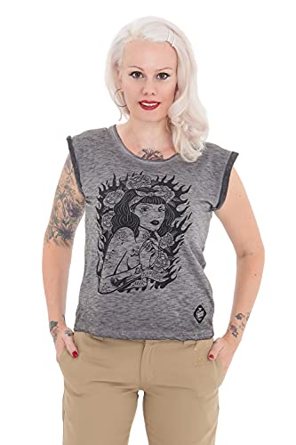 Queen Kerosin Damen T-Shirt Mit Stylischen Rollärmeln Tattoo Girl Rundhals Ärmellos Basic Print-Shirt Normal Bedruckt Rollkante Tattoo Girl