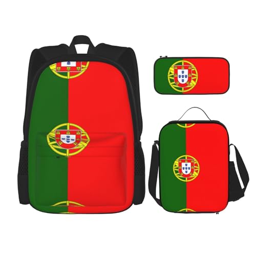 WURTON Schulterrucksack, Portugiesische Flagge, 3-in-1, Büchertaschen-Set, Lunchbox, Federmäppchen, Reise-Laptop-Tagesrucksäcke, Schwarz, Einheitsgröße