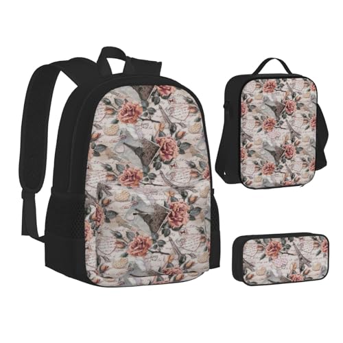 WURTON Petoskey Büchertasche für Teenager, Federmäppchen, 3-in-1, Schulrucksäcke, Kinderrucksack, Steindruck, Flower Paris Eiffelturm, Einheitsgröße