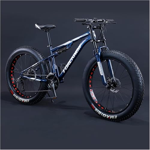 24 Ih Mountainbikes, Erwachsene Jungen Mädchen Fat Tire Mountain Trail Bike, Dual-Suspension-Fahrrad, High-Carbon-Stahlrahmen, Anti-Rutsch-Offroad-Bikes,Blau,27 Gänge