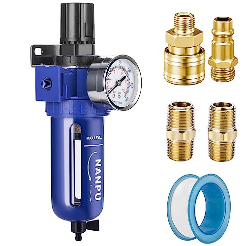 NANPU 1/4" BSP Druckluftfilterregler, Zinklegierung, 5 Mikron Messingelement, 0-10 Bar Manometer, Schnelllöse-Behälter, Handablauf, Metallhalterung