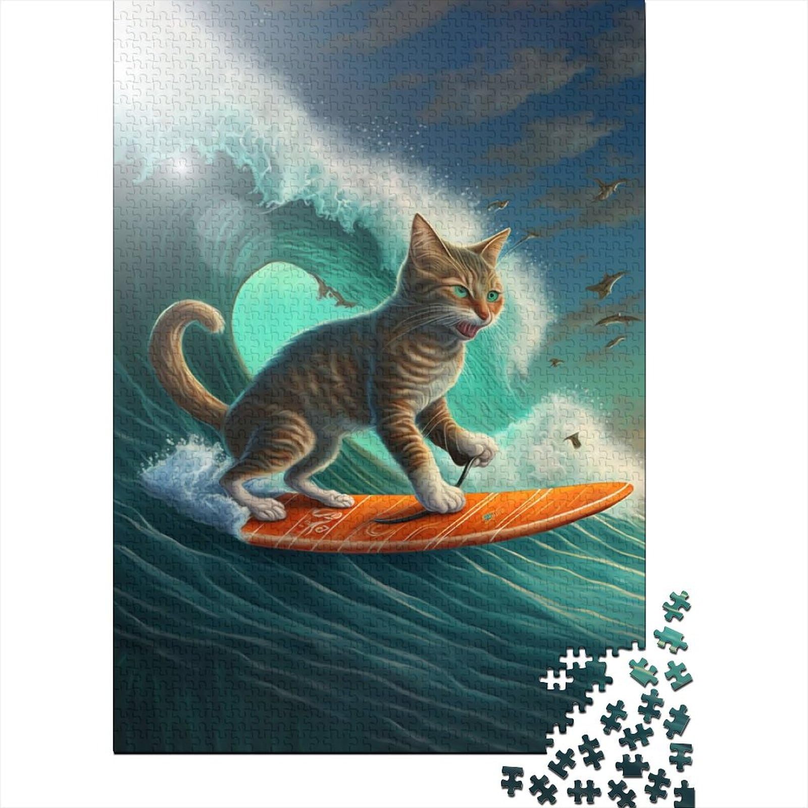 Lustiges Puzzle mit surfender Katze,Puzzle für Erwachsene und Teenager,schwierige,anspruchsvolle Puzzles,1000-teiliges Puzzle für Erwachsene,Lernspiel,Herausforderungsspielzeug (Größe: 75x50 cm)