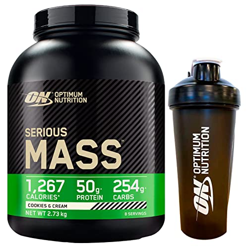 Optimum Nutrition Serious Mass Molkenproteinpulver für Muskelmasse mit Kreatin, Glutamin und Vitaminen Kekse und Sahne 2.73kg 8 Portionen + Shaker
