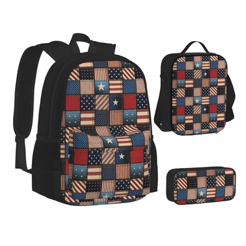 WURTON Lunchbox-Set mit amerikanischer Flagge, Patchwork-Druck, 3-in-1 Büchertasche und Federmäppchen, passende Kombination, Schwarz, Einheitsgröße