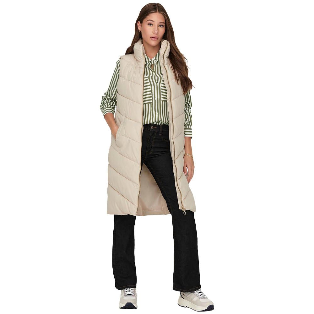 JdY Damen JDYFINNO Long Padded Waistcoat New NOOS Jacke, Moonbeam/Detail:Light Gold Zip, XS