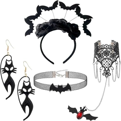 CAZSTYK Fledermaus-Haarreifen für Damen, mit Ohrringen, Halsband, Haarband, Halloween, Karneval, Rollenspiele, Abschlussball, Party-Schmuck für Damen, 4 Stück