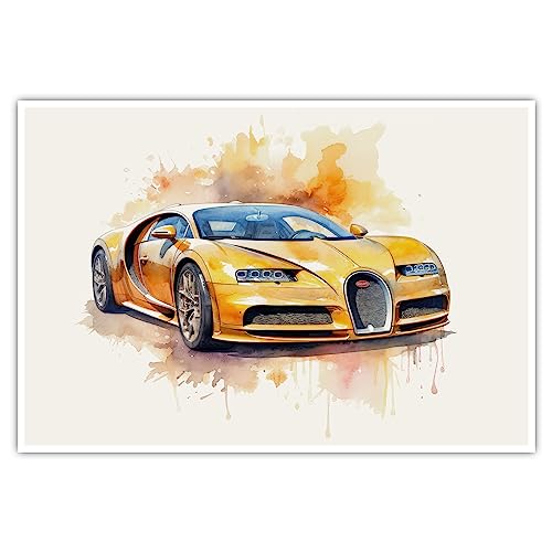 CanvasArts Watercolor Sketch Aquarell - Poster ohne Rahmen - Auto Artwork Modern Art Wandbild Wasserfarbe kompatibel zu Bugatti Chiron (70 x 50 cm, Poster, Bugatti)