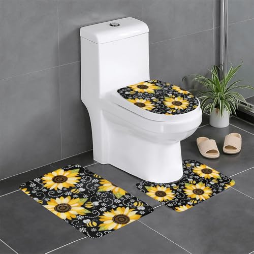 Wurton Badezimmerteppich-Set mit Sonnenblumen-Motiv, Polyester, stilvoll, funktional, 3 Stück