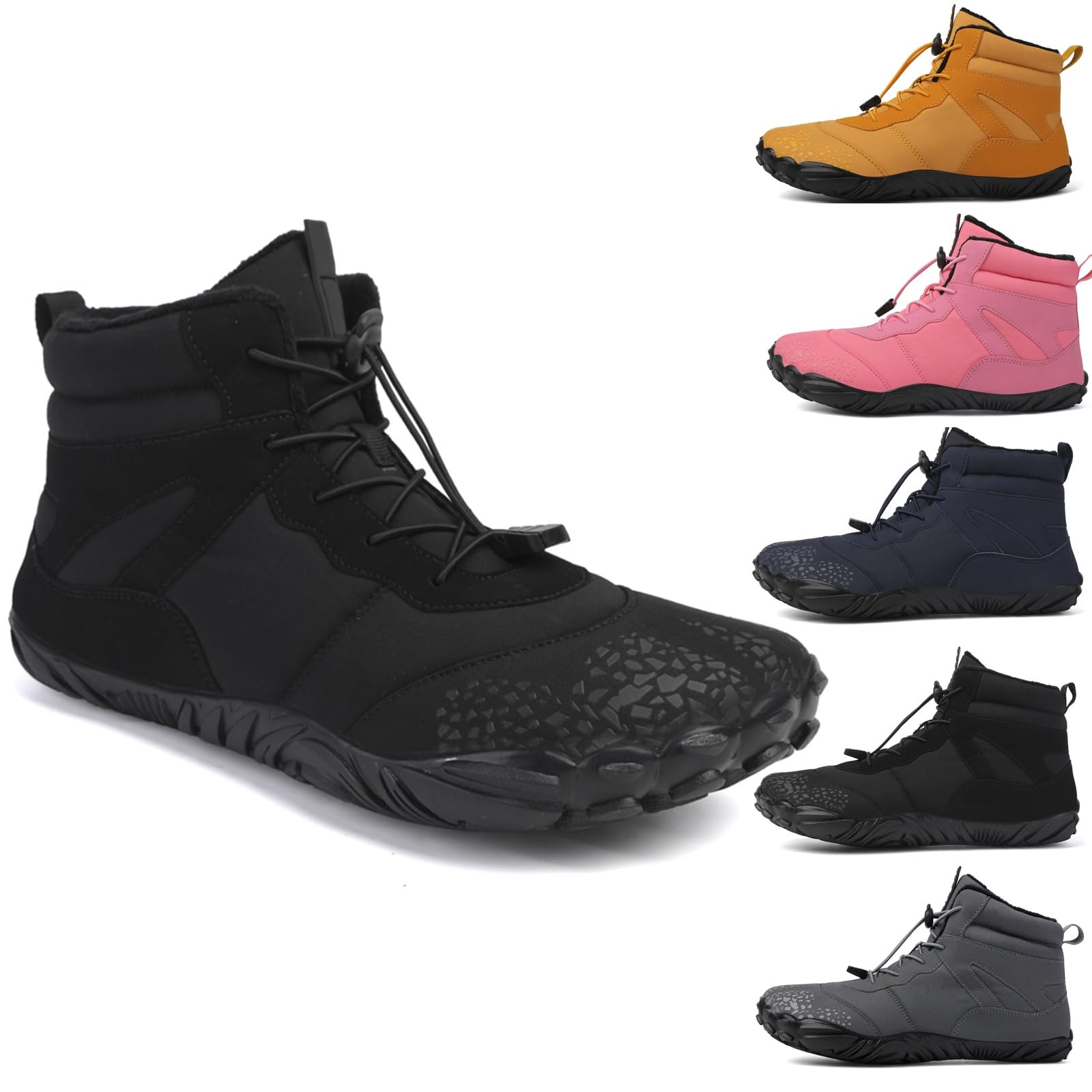 OTEB Barfußschuhe for den Winter, Unisex-Barfußschuhe mit hohem Schaft, warme Schneeschuhe, Schneestiefel mit Absatz und Schnürsneakers for Wandern(Black,46 EU)