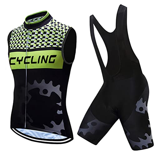 Radsportanzug Herren Sommer|Radtrikot Ärmellos Set Fahrradweste Anzug|Fahrradbekleidung Radweste Männer,Atmungsaktiv MTB Fahrradtrikot Sleeveless Oberteil und Radhose mit 19D Gel Sitzpolster(11,XL)