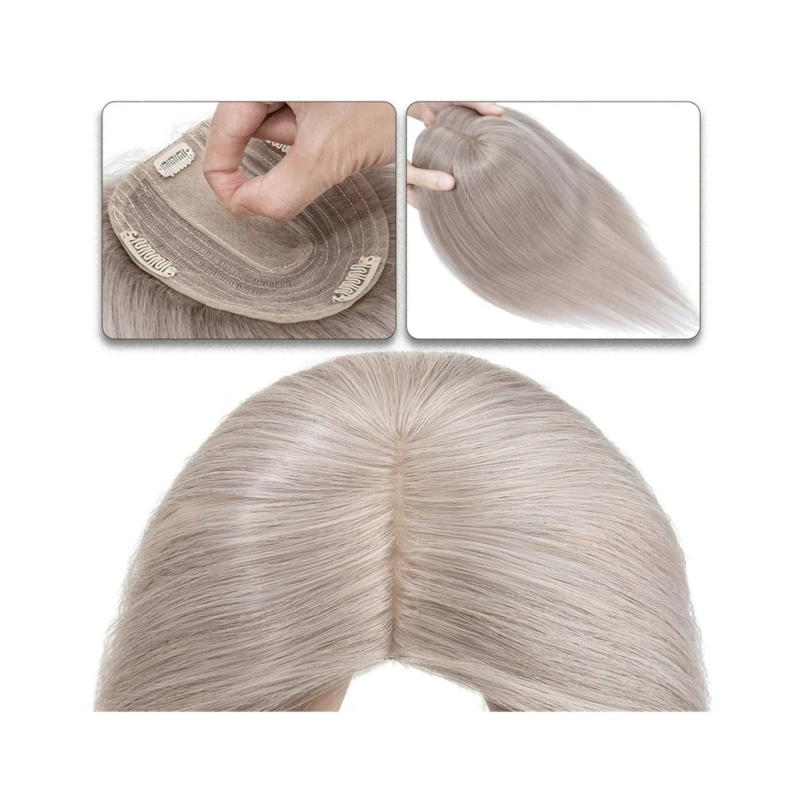 Haartopper für Frauen Haaraufsätze for Frauen, 15,2–45,7 cm, Mittelteil, Echthaaraufsatz, Haarteil, 10 x 12 cm, Seidenbasis mit 4 Clips, glatter Haaraufsatz for dünner werdendes Haar, Haarausfall Haar