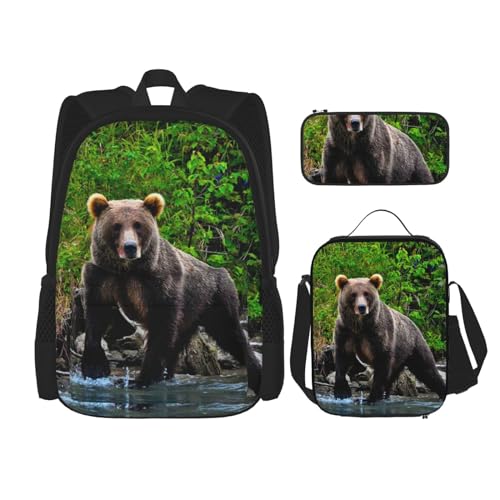 DENMER Mehrzweck-Schultasche mit passendem Federmäppchen und Lunchtasche - Ihre stilvolle All-in-One-Lösung, Brown Bear, Einheitsgröße