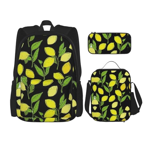 WURTON Rucksack, Lunchbox, Federmäppchen, 3-in-1, verstellbarer Rucksack, Gelb mit Zitronen-Print