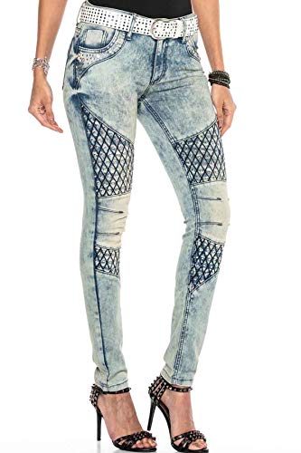 Cipo & Baxx Damen Jeanshose Denim Slim Fit Applikationen Design Denim Pants Jeans Hose WD410 Blau W25 L32