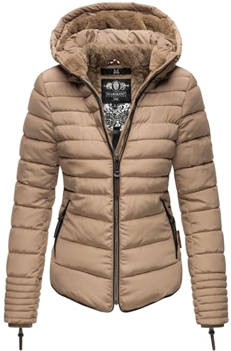 MARIKOO Damen Winter Jacke Steppjacke Stehkragen Teddyfell warm gefüttert B354 [B354-Amber-Taupe-Gr.L]