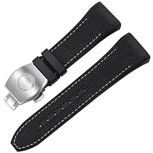 SCRUBY Für Franck Müller V45 Serie 28mm Nylon Echtes Leder Silicon Watchband Schwarz Blau Klappschnalle Uhrengurt(Black white-silver)