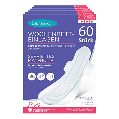 Lansinoh Wochenbett-Einlagen - 60 Stück - extra saugfähig & atmungsaktiv - Wochenbett Binden für starken Wochenfluss & die ersten Tage nach der Geburt